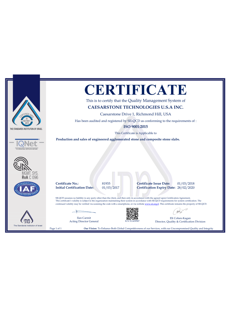 Caesarstone. ISO 9001-2015 Quality Management
